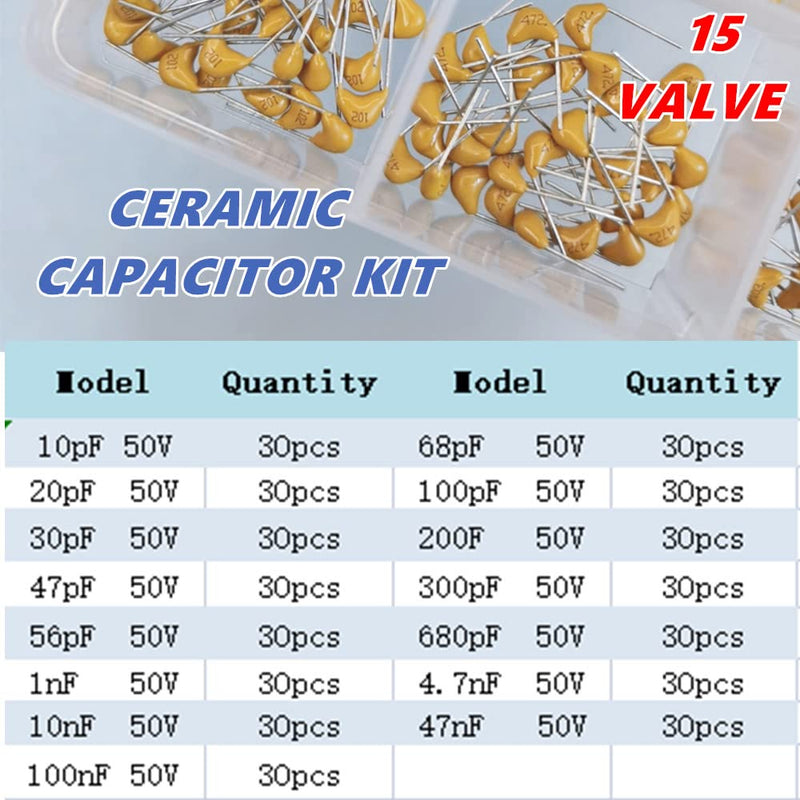 15 Values Ceramic Capacitor Assortment Kit Capacitors 450Pcs for DIY Projects Experiments Teaching Range 10pf-10uf