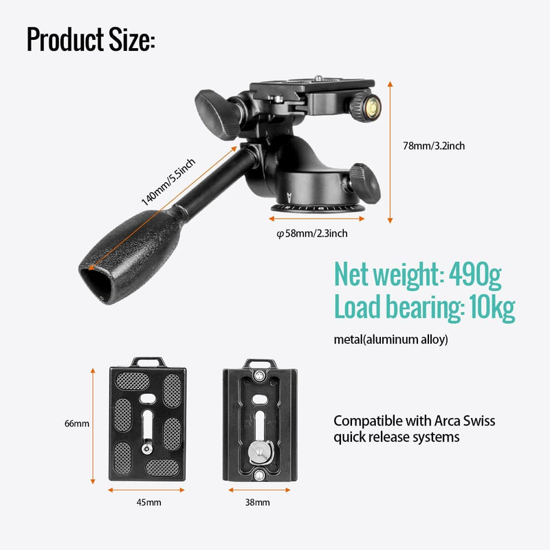 Koolehaoda Tripod Pan Head 360°Single Handle Hydraulic Damping Three-Dimensional Head with Quick Release Plate for Tripod, Monopod, DSLR Camera, Camcorder KQ-88