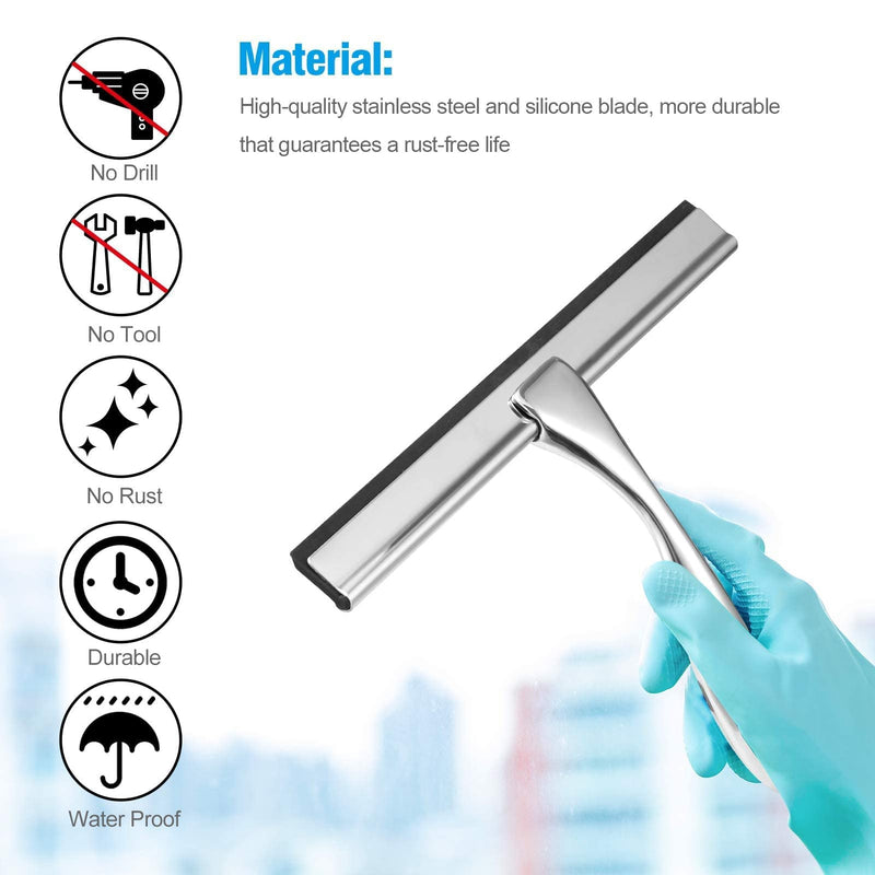 10” Shower Squeegee — Squeegee for Shower Glass Door，Premium Shower Squeegee for Glass Doors, Bathroom, Window and Car Glass, Stainless Steel Shower Squeegee for Shower Doors with Suction Cup Hook