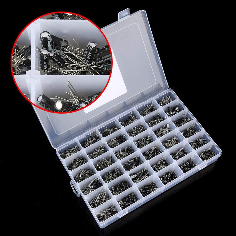 Electrolytic Capacitors, 1000Pcs 36 Values General Purpose Assortment Kit with Storage Box Range 10V~50V 0.1uF to 1000uF