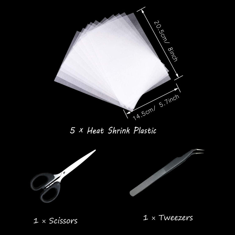 Woohome 19 PCS Heat Shrink Plastic Sheet Kit, 15 PCS Heat Shrink Paper with Chains, Pencils, Scissors and Tweezers for Adults Kids Creative Craft School Project D