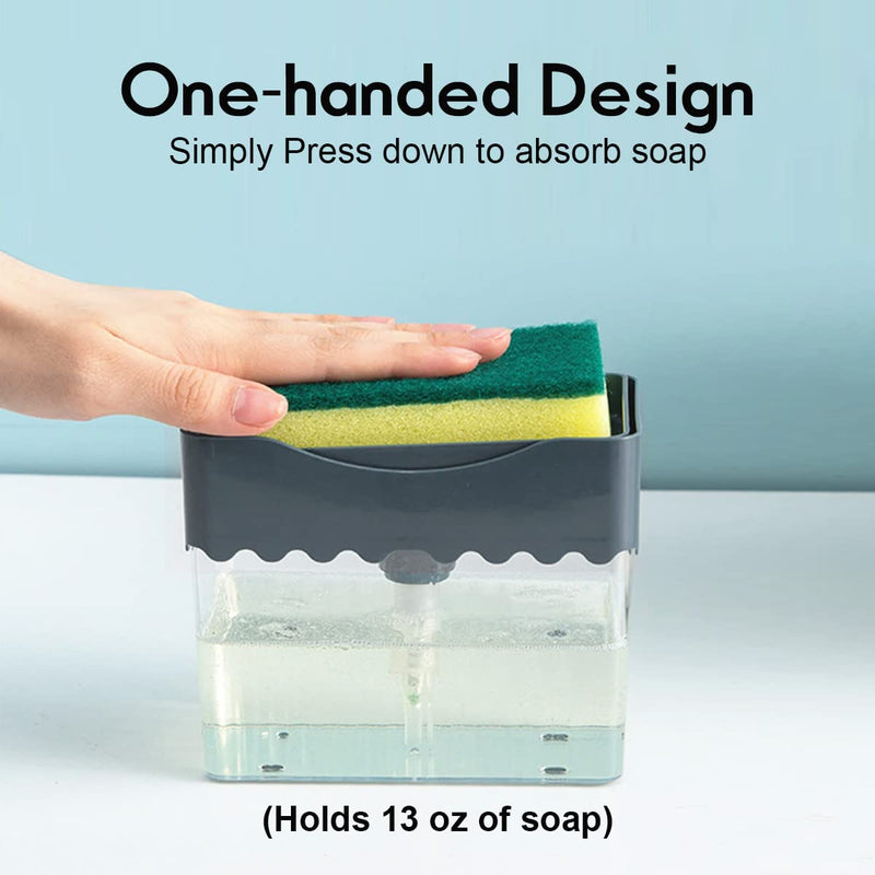 AmazeFan Soap Pump Dispenser and Sponge Holder, 2 in 1 One Hand Soap Pump and Sponge Caddy, Durable and Easy to Clean for Kitchen, Bathroom, Dishwashing, Taps, with 3 Sponges Soap Dispenser with 3 Pack Sponges