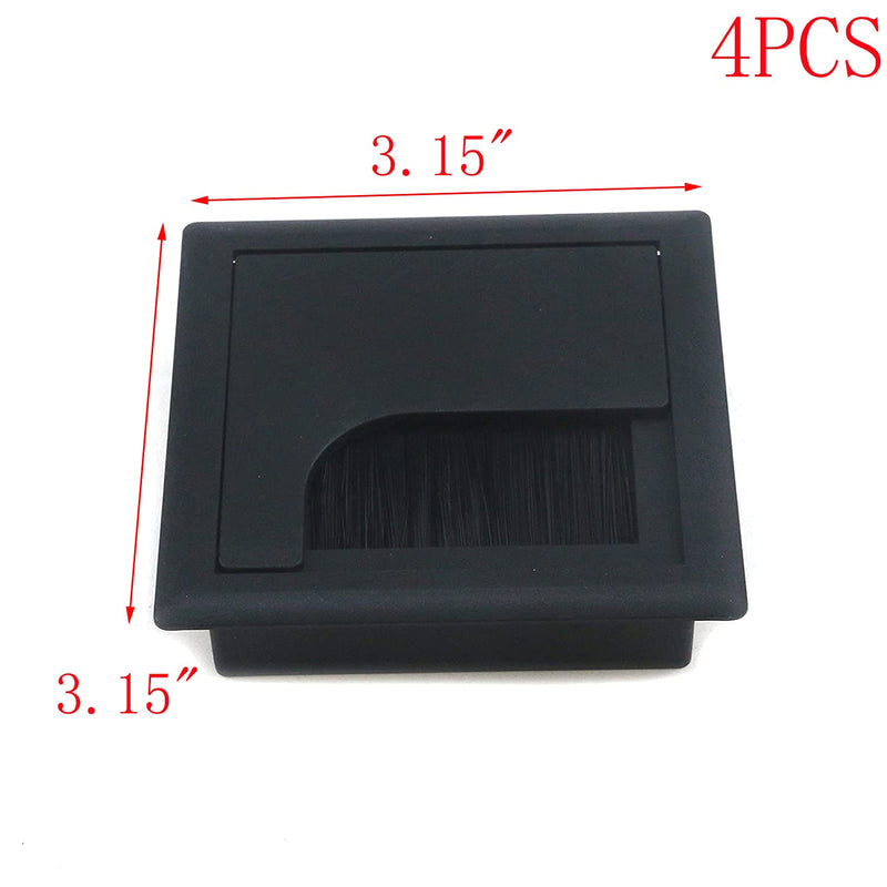 MY MIRONEY 4Pcs Square Cable Hole Cover ABS Desk Grommet 3.15" x 3.15" Wire Organizer Black Desk Cord Cable Hole Cover Grommet with Brush for Computer Desk Table