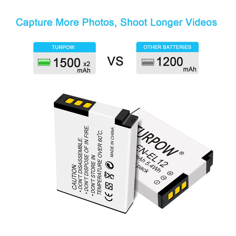 TURPOW 2 Pack EN-EL12 Battery Charger Set Compatible with Nikon Coolpix A900 AW100 AW110 AW120 AW130 S31 S800C S6100 S6200 S6300 S8100 S8200 S9050 S9100 S9200 S9300 S9400 P340