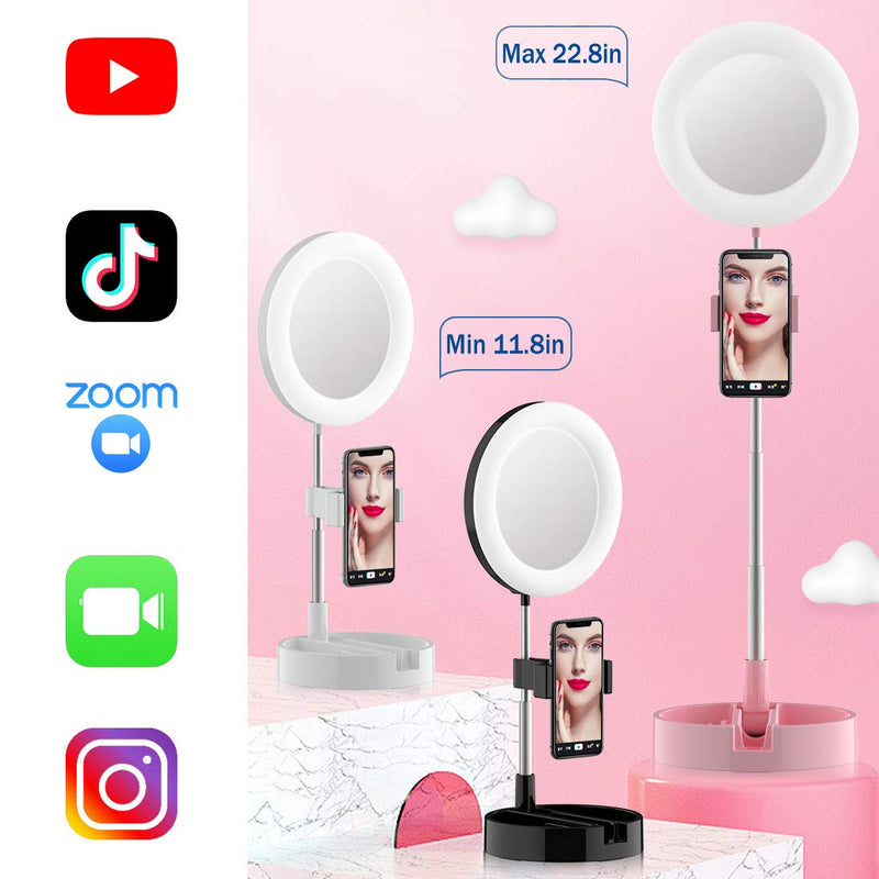 Portable Multi-Functional 6.3" Dimmable LED Selfie Continuous Video Halo Ring Light Zoom Live Stream Phone Holder Stand with Makeup Vanity Mirror Foldable Online Meeting Table Lamp (Pink) Pink