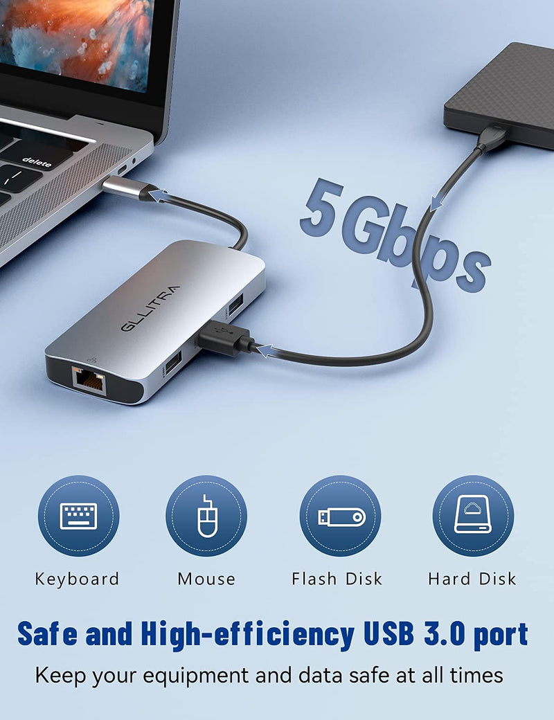 USB C Hub, GLLITRA 9 in 1 USB C Hub Adapter, Multiport Adapter with USB 3.0/2.0, 4K HDMI, 100W PD, USB C Ports, RJ45 Ethernet, SD/TF, Dongle for MacBook Pro, Air, and Other Type C Devices usb c hub 9 in 1