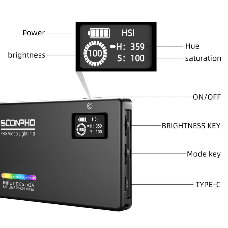 Soonpho P10 RGB Video LED Light Full Color Output CRI97+, 2500K-8500K Bi-Color, Ultra Thin Dimmable Brightness Temperature Lighting Panel with Rechargeable Lithium Battery Compatible for Digital SLR