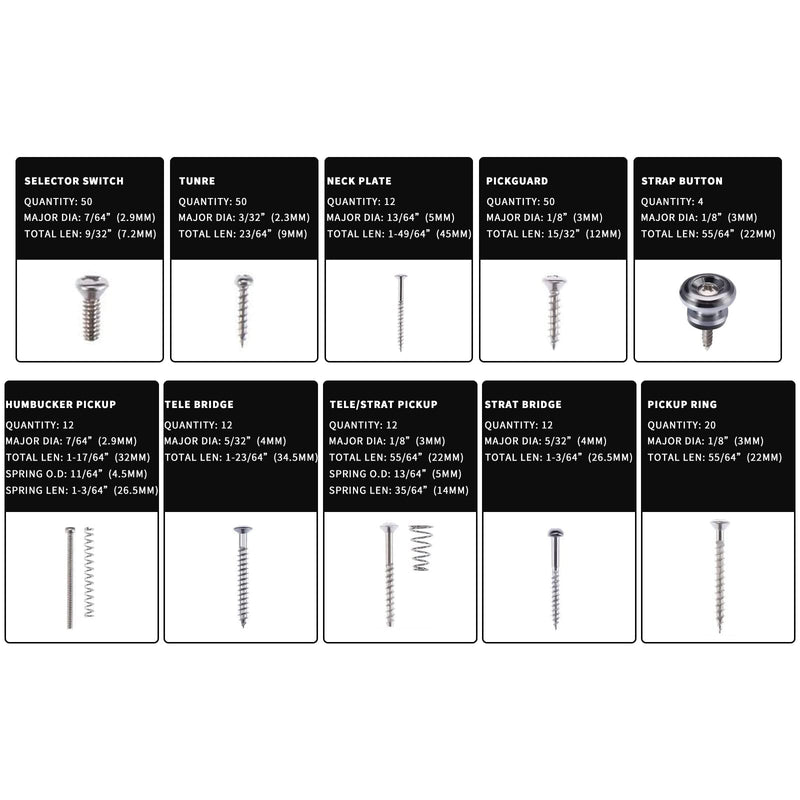Cheerock Guitar Screws Kit for Electric Guitar Bridge, Pickup, Pickguard, Tuner, Switch, Neck Plate, 254 Pieces Guitar DIY Kit with A Elbow tweezers (9 Types, Sliver) silver