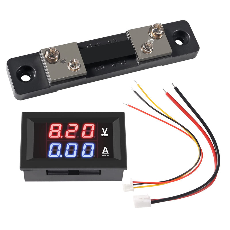 Aobao 2pcs 0.28'' Digital Volt Amp Voltmeter Ammeter Meter DC 0-100V 50A Red Blue Dual LED Display Voltage Amperage Current Meter 2 in 1 Tester with 50A/75mV Shunt