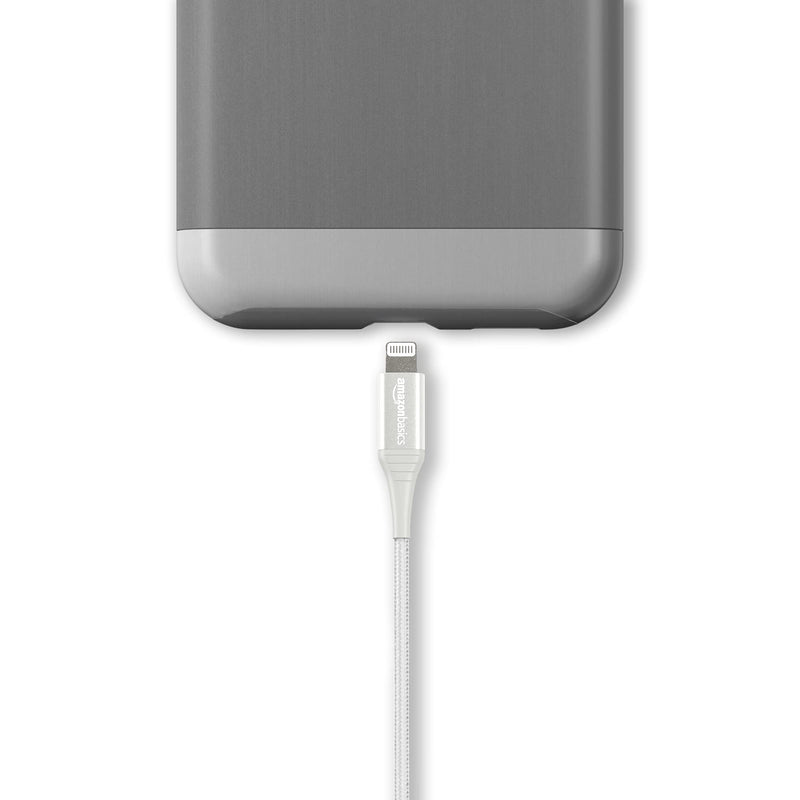 Amazon Basics Nylon USB-A to Lightning Cable Cord, MFi Certified Charger for Apple iPhone, iPad, 10,000 Bend Lifespan - Silver, 1-Ft 1 Foot 1-Pack