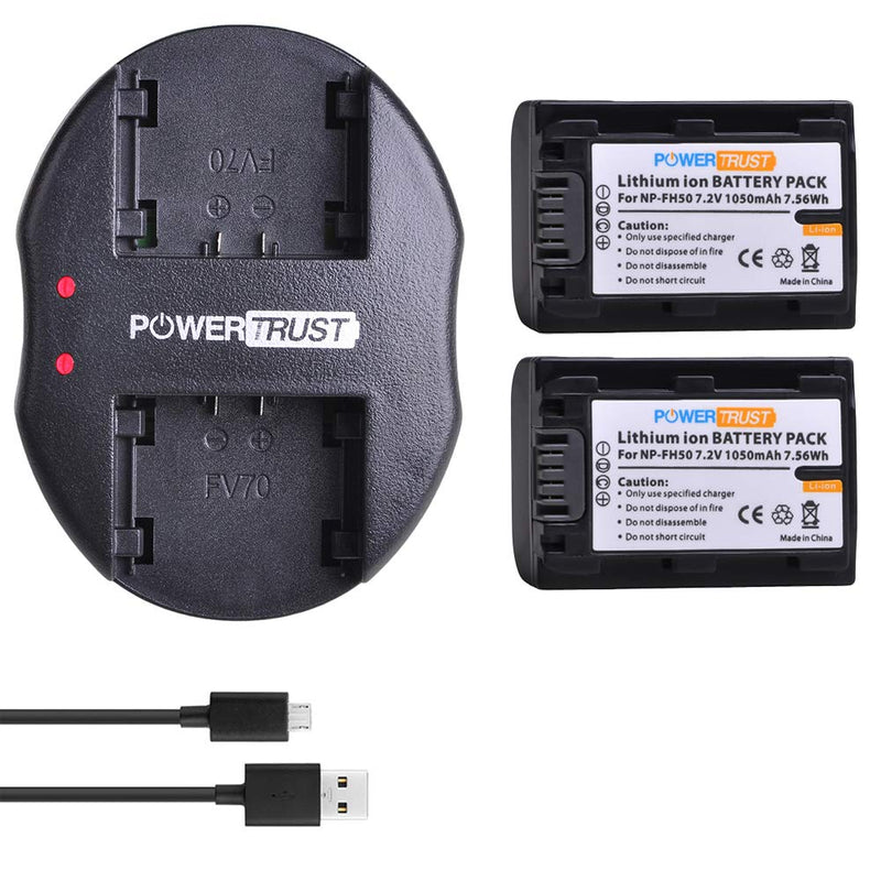 PowerTrust 2-Pack NP-FH50 Battery + USB Dual Charger for Sony NP-FH40 NP-FH30 NP-FP50 NP-FP51 H Series Batteries and DSC-HX1 HX100 HX100V HX200 HX200V HDR-TG1E TG3 TG5 TG7 A230 A290 A330 A390