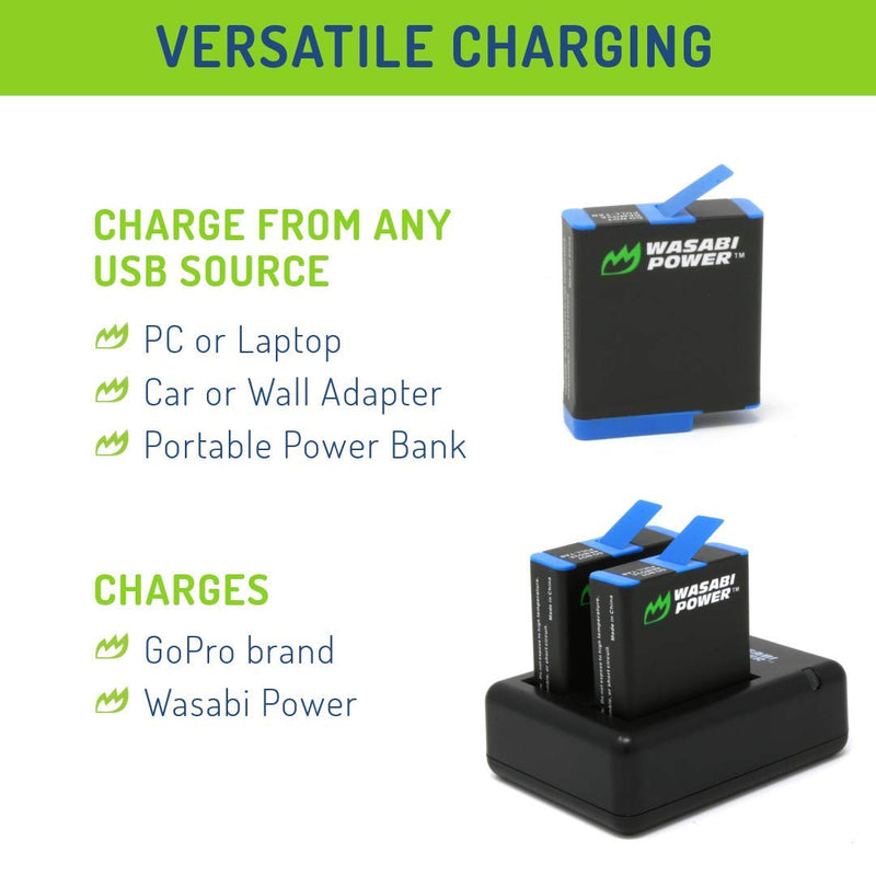 Wasabi Power HERO8 Battery (2-Pack) and Dual Charger for GoPro Hero 8 Black (All Features Available), Hero 7 Black, Hero 6 Black, Hero 5 Black, Hero 2018, Fully Compatible with Original