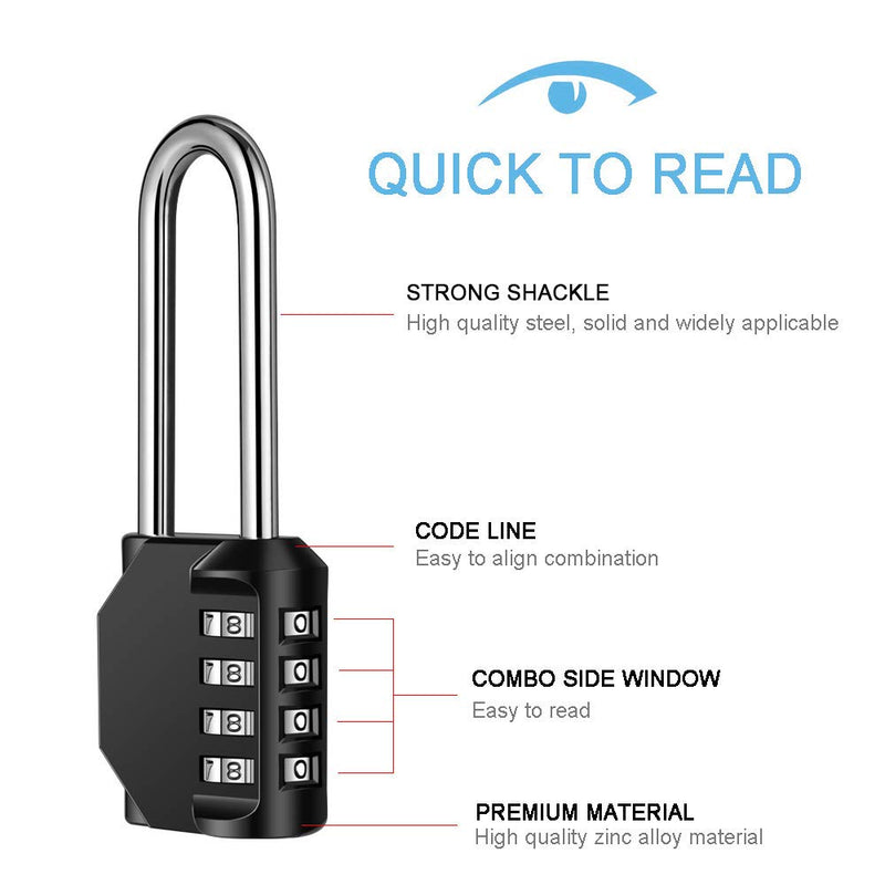 Disecu 2.5 Inch Long Shackle Combination Lock 4 Digit Outdoor Waterproof Padlock for School Locker, Gym Locker, Hasp Cabinet, Gate, Fence, Toolbox (Black, 2 Pack) Black