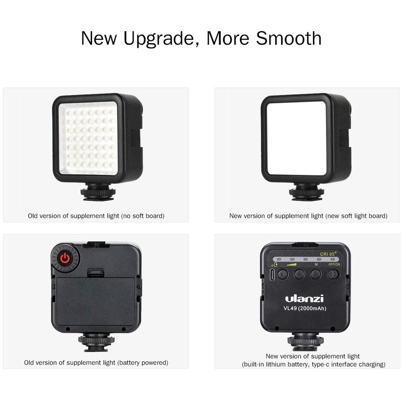 [AUSTRALIA] - ULANZI VL49 2000mAh LED Video Light w 3 Cold Shoe, Rechargeable Soft Light Panel, Portable Photography Lighting for DJI OSMO Sony DSLR Canon Camera GoPro Vlogging Black 