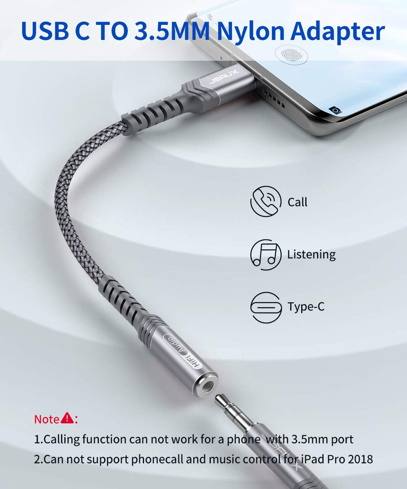 USB Type C to 3.5mm Female Headphone Jack Adapter, JSAUX USB C to Aux Audio Dongle Cable Cord Compatible with Pixel 4 3 2 XL, Samsung Galaxy S21 S20 Ultra S20+ Note 20 10 S10 S9 Plus iPad Pro(Grey) 0.6ft Grey
