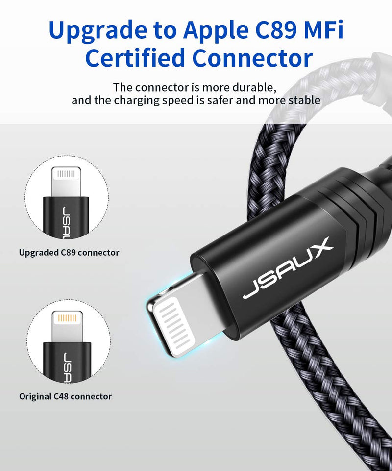 iPhone Charger Cable 10ft, JSAUX [C89 Apple MFi Certified] Lightning Cable Nylon Braided USB Fast Charging Cord Compatible with iPhone 11 Xs Max X XR 8 7 6s 6 Plus SE 5 5s, iPad, iPod-Black Black