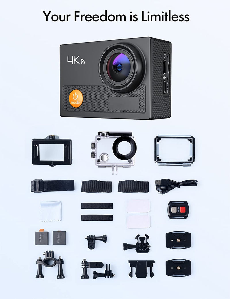 Action Camera 4K Ultra HD Camera, EIS Sports Camera Underwater 30M Waterproof 170° Wide-Angle Lens, 2 1050mAh Batteries and Installation Kit.