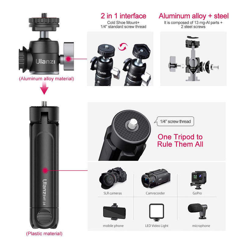 Mini Tripod ULANZI MT-14 Mini Camera Tripod with 360° Ball Head & Cold Shoe, Extendable Small Selfie Stick Tabletop Tripod for Camera iPhone Android Projector Monopod Webcam DSLR Gopro