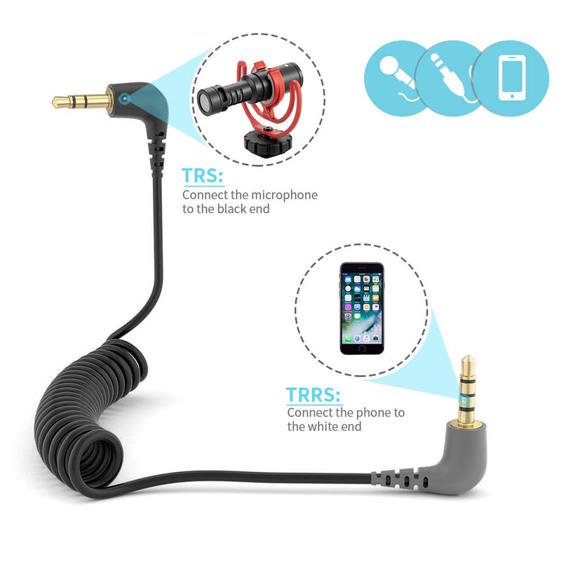 3.5mm TRS to TRRS Microphone Cable, Sovvid Patch Adapter Cable, 1/8 Male to Male Coiled Right Angle Mic Cord Compatible iPhone, Smartphone, Tablets with Rode SC7, VideoMic, BOYA and More External Mic Black