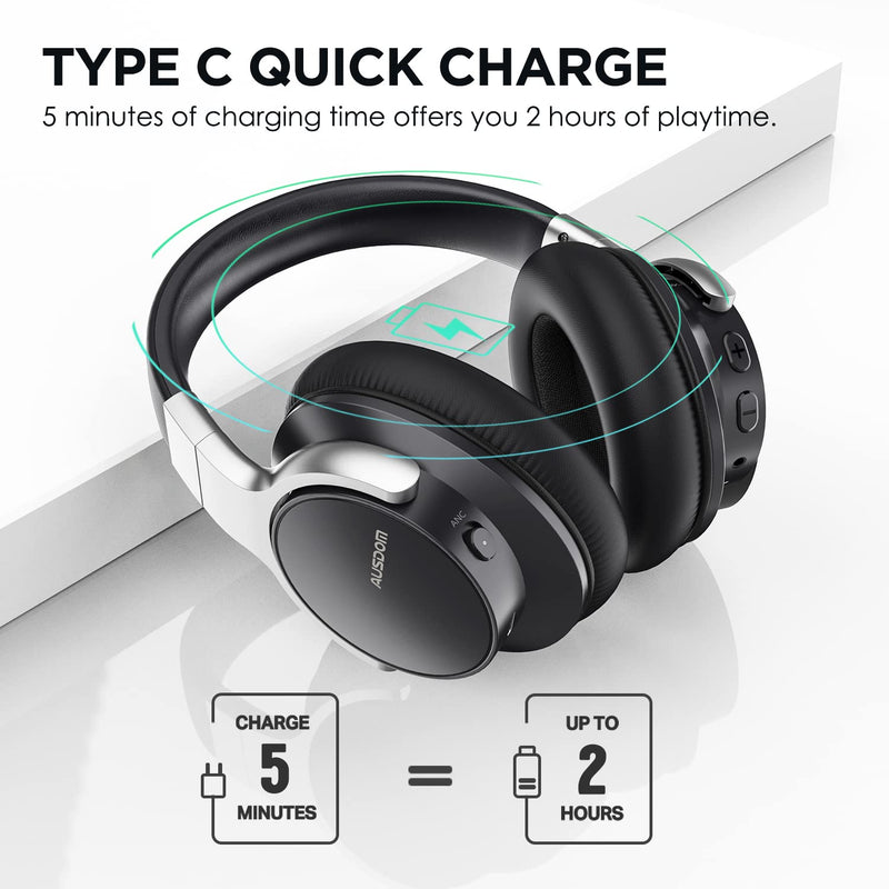 AUSDOM E7 Noise Cancelling Headphones: Wireless Bluetooth Over Ear ANC Headphones with Microphone, 50H Playtime, Hi-Fi Sound, Deep Bass, Comfortable Earpads for Travel Work Home Office Black&Silver