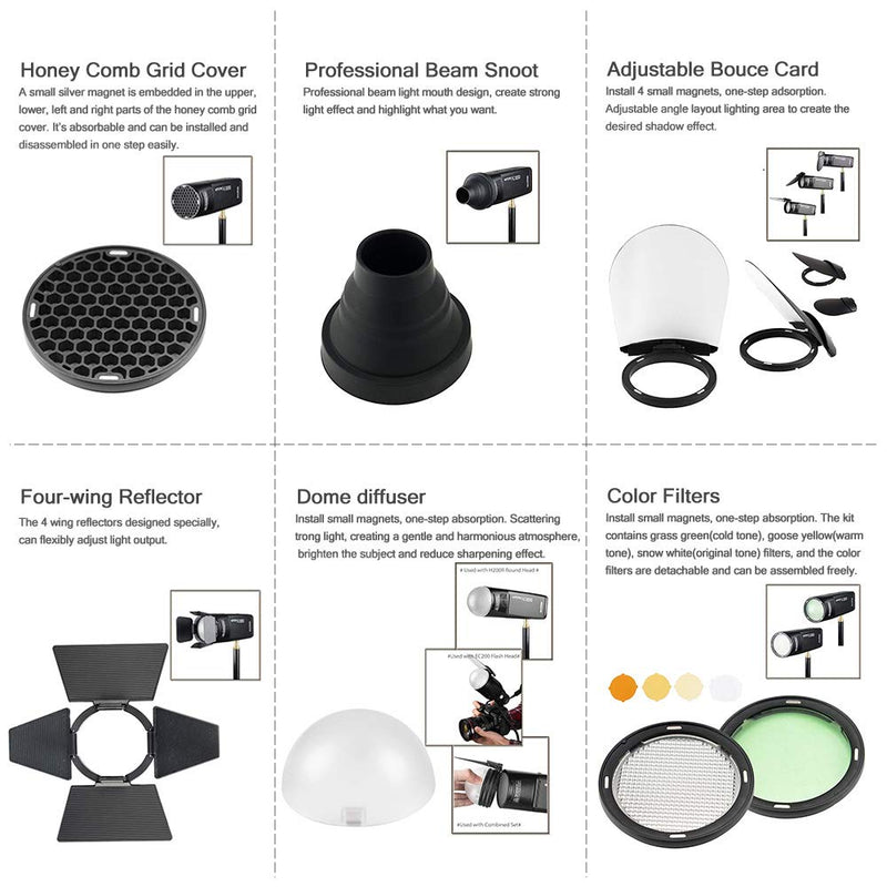GODOX AK-R1 Accessories Kit for Godox AD200 Pocket Flash Head (Diffuser Ball,Color Filters,Honey Comb, Snoot, Barn Door) (AK-R1)