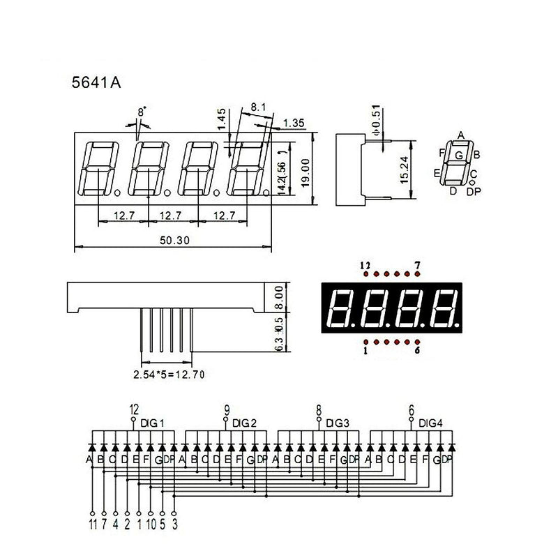 uxcell Common Cathode 12Pin 4 Bit 7 Segment 1.98 x 0.75 x 0.31 Inch 0.55" Red LED Display Digital Tube 10pcs