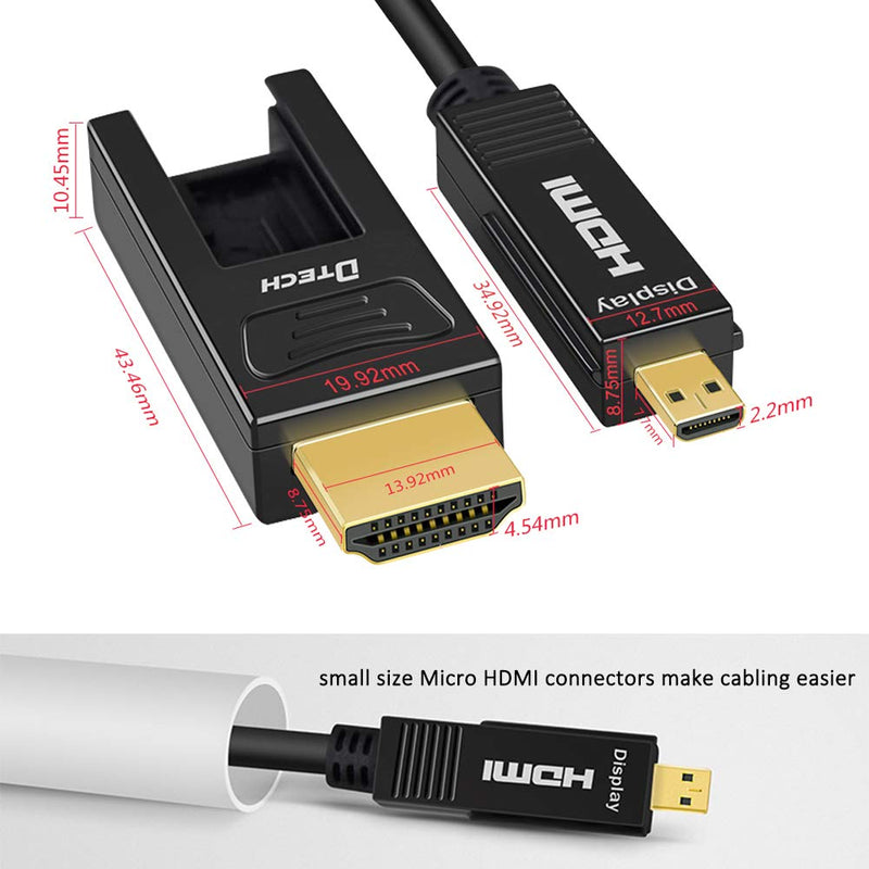 DTECH 25 Feet Fiber Optic HDMI Cable 4K 60Hz YUV 444 18Gbps High Speed Ultra HD with Dual Micro HDMI and Standard HDMI Connector (8 Meters, Black) 25ft