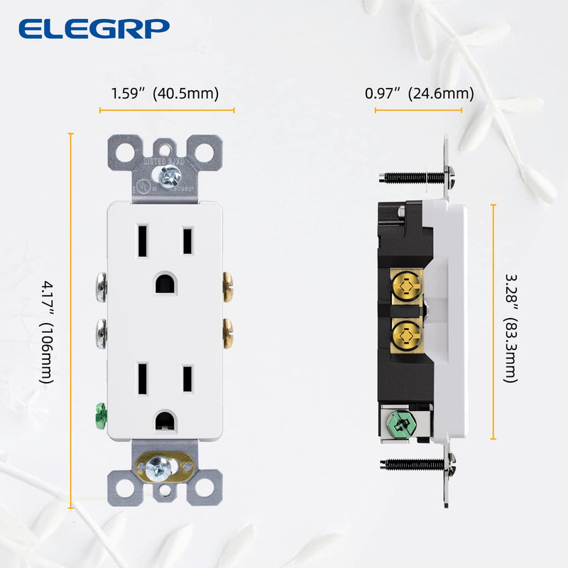 ELEGRP Decorator Receptacle, 15A 125V Standard Electrical Wall Outlet, 2 Pole 3 Wire, Non- Tamper Resistant, NEMA 5-15R, Self-Grounding Residential Grade Outlet, UL (Glossy White, 10 Pack) Non Tamper Resistant
