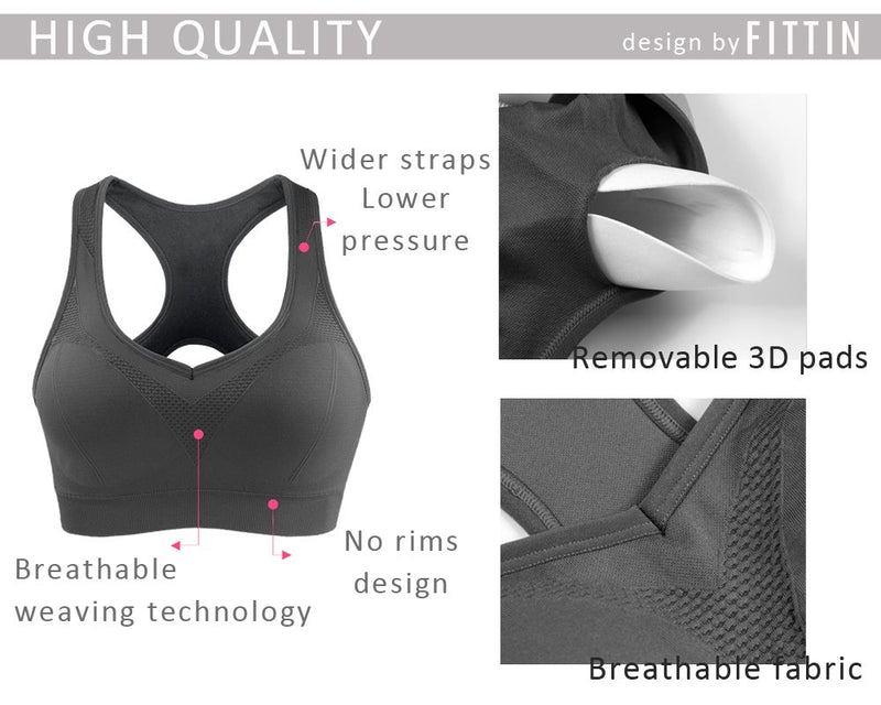 FITTIN Racerback Sports Bras for Women- Padded Seamless High Impact Support for Yoga Gym Workout Fitness Black Small