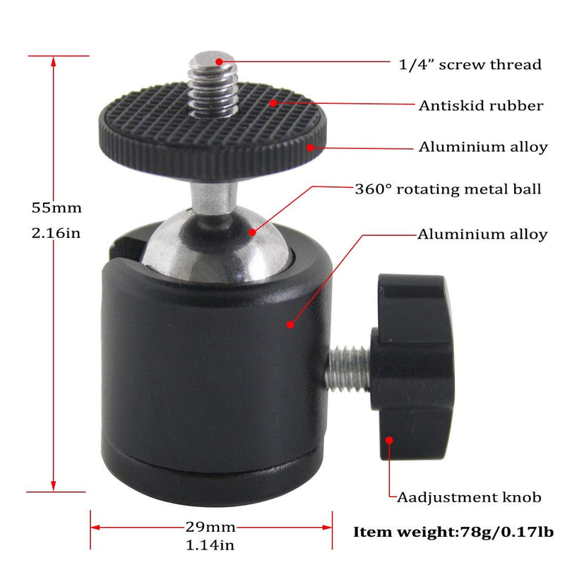 EXMAX 360 Degree Swivel Mini Tripod Ball Head with 1/4” Screw Thread Base for DSLR Camera Camcorder LED Light Tripod Monopod Bracket Compatible with HTC Vive Gopro - 2 Pack Black