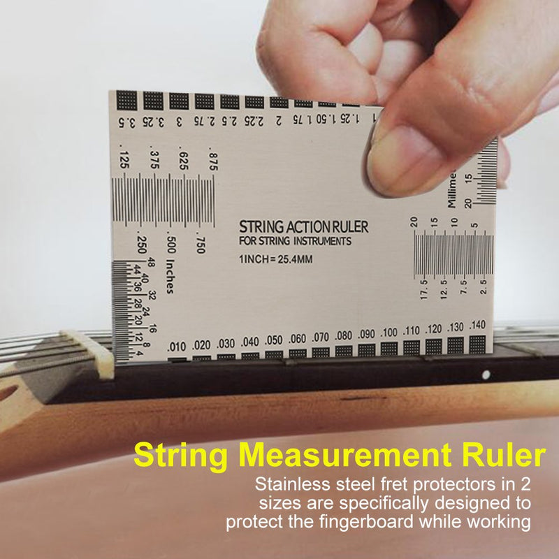 Alomejor Guitar String Gauge Stainless Steel Double Sided Multi Function String Action Ruler with Fret Protectors Fit for Guitar Bass