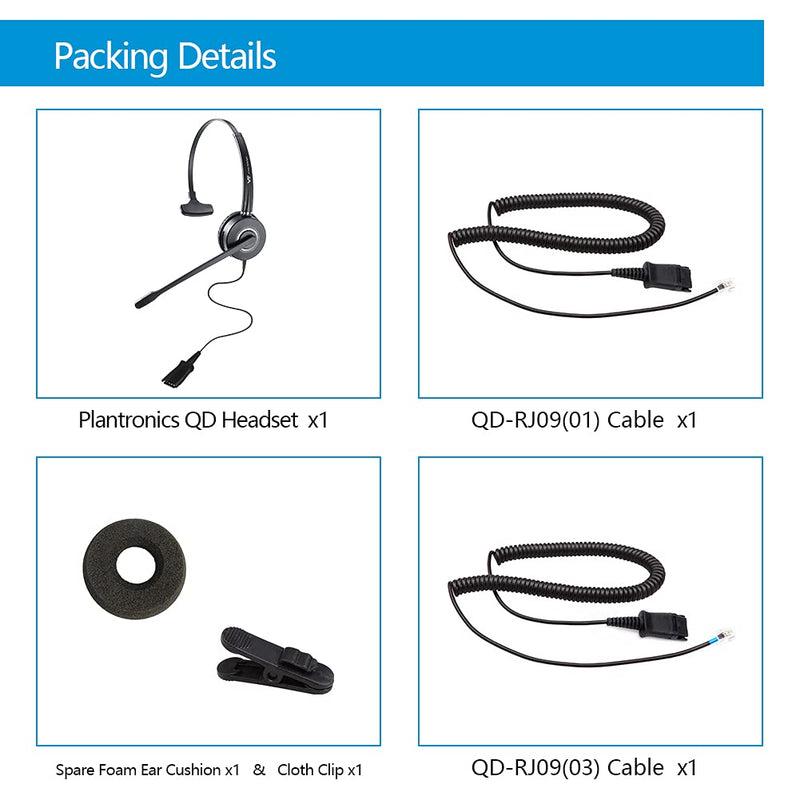 Telephone-Headset Microphone Noise-Cancelling Headphone QD - Quick Disconnect Call Center Headset with RJ09 Cables Compatible with Polycom,Yealink,Grandstream,Snom,Fanvil,Aastra,Mitel,Digium Phones