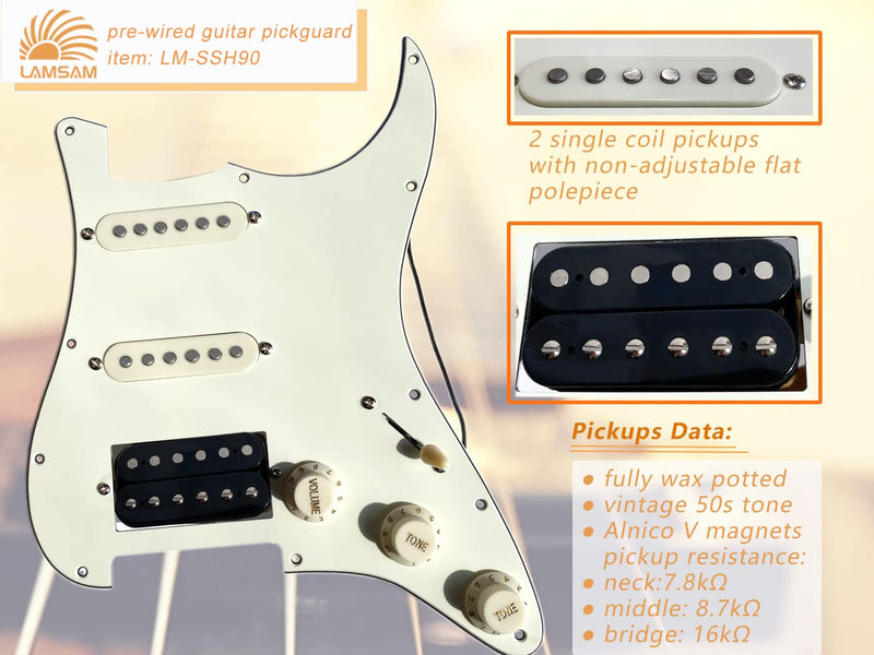 LAMSAM Pre-wired Pick Guards Loaded Single Coil Humbucker Pickups for Strat Style Electric Guitars, Aged White Scratch Plate with Backplate Pre-loaded SSH Alnico 5 P'ups 5-way Switch, 50s Tone
