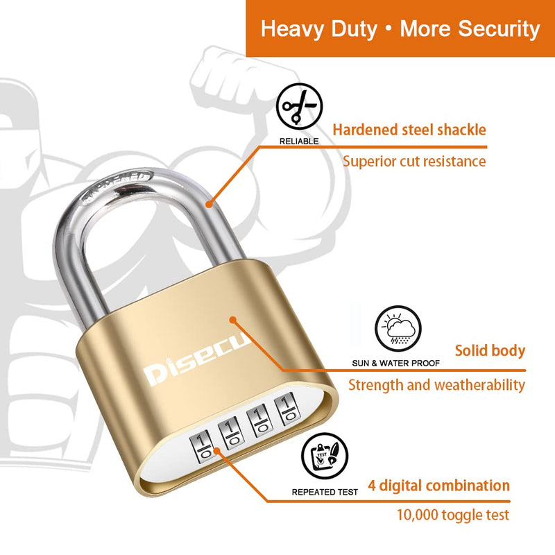 Disecu 2 Pack 4 Digit Heavy Duty Combination Lock 1.3 Inch Shackle Outdoor Waterproof Padlock for Case, Gate, Fence, School Gym Locker, Sports Locker (Brass) Brass