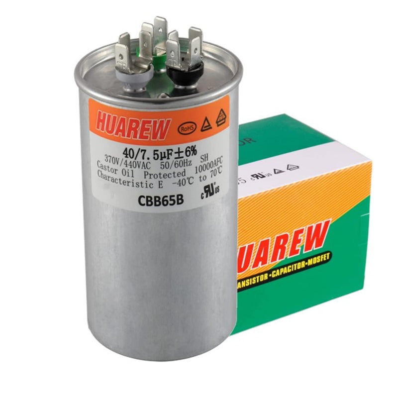 HUAREW 40+7.5 uF ±6% 40/7.5 MFD 370/440 VAC CBB65 Dual Run Start Round Capacitor for Condenser Straight Cool or Heat Pump Air Conditioner or AC Motor and Fan Starting
