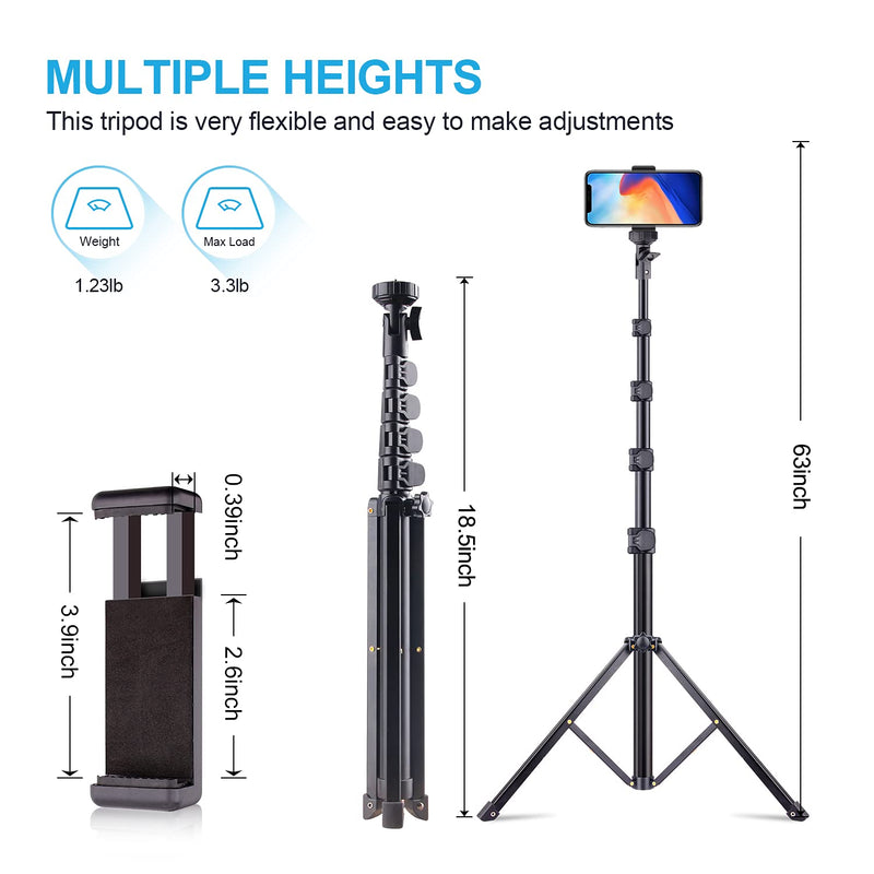 Phone Tripod, 63” iPhone Stand with Remote for Cell Phone, Tripod for iPhone 14 13 12 Pro Max/11/XR/X/8, Galaxy Note 8/S10 More