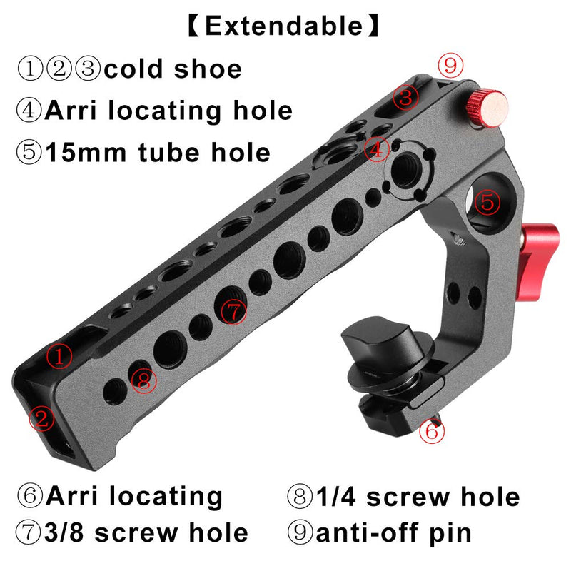 Fotowelt Quick Release Top Handle with ARRI Standard Locating Hole with Lots 1/4" and 3/8" Threaded Holes Cold Shoe 15mm Tube Hole Clamp Compatible for All BMPCC 4k 6k Cage with ARRI Standard