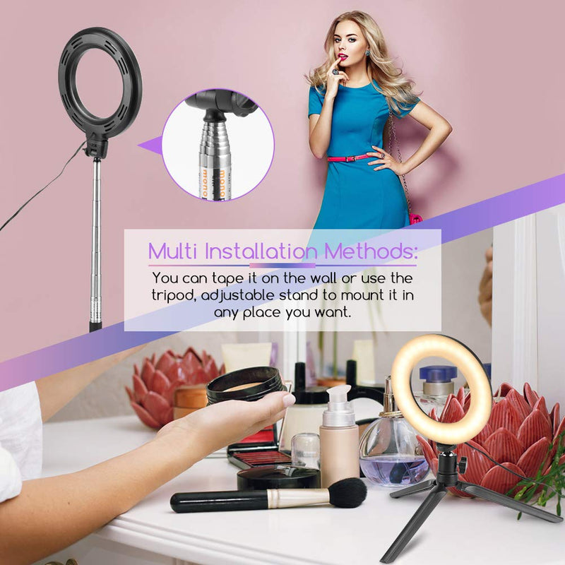 16CM LED Ring Light, 6.3" Dimmable Desk Makeup Ring Light with Tripod Stand, Dimmable 3 Light Modes 3200-6500 K Color Temperature, Ring Light Kit for Camera Smartphone YouTube Self-Portrait Shooting