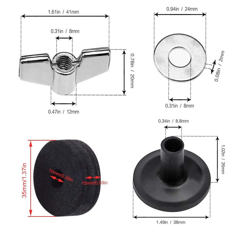 Jiayouy Cymbal Replacement Accessories 15mm Thick Cymbal Felt + Cymbal Stand Sleeves + Washer + Base Wing Nuts Replacement for Drum Set of 12 Pcs