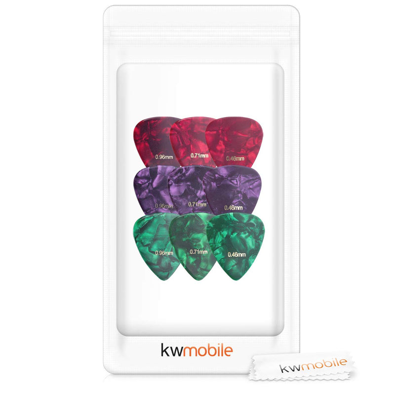 kwmobile Set of 9 Guitar Picks - Includes Thin, Medium, Heavy Gauges for Acoustic, Electric or Bass Guitar, Ukulele - Dark Red/Dark Green/Purple Dark red + Dark green + Violet