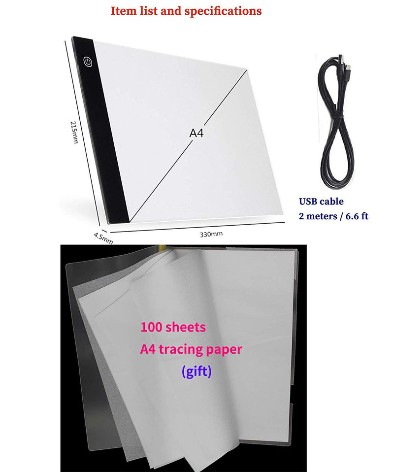 A4 Ultra-Thin Portable LED Light Box Tracer USB Power Cable Dimmable Brightness LED Artcraft Tracing Light Box Light Pad for Artists Drawing Sketching Animation Stencilling X-ray Viewing LED pad a4 + a4 paper pad (100pcs paper)