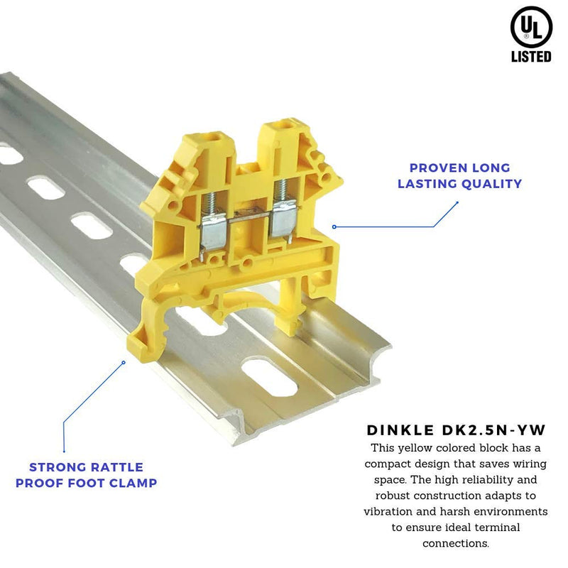Dinkle - B01N0ER71T Yellow DK2.5N-YW DIN Rail Terminal Block Screw Type UL 600V 20A 12-22AWG, Pack of 100