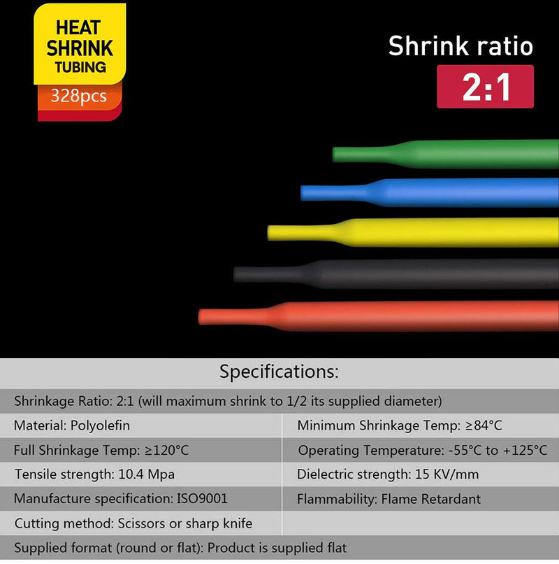 Heat Shrink Tubing Kit,Mini Heat Gun + 328 PCS Heat Shrink Wrap Tube　2:1.