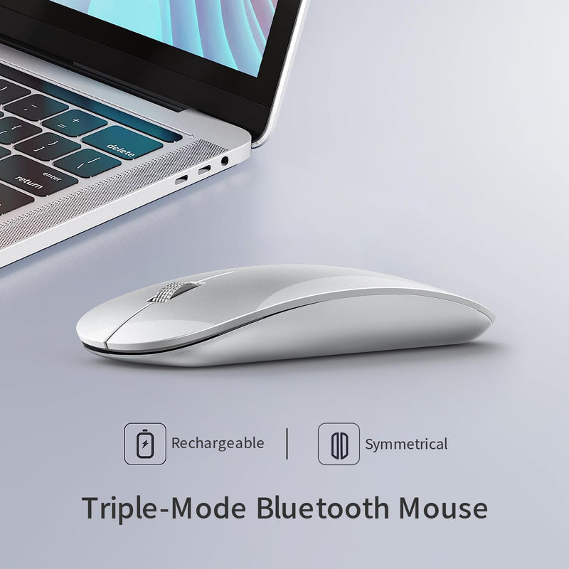 TENMOS M18 Bluetooth Mouse, USB C Rechargeable Wireless Mouse, Triple Mode (Dual Bluetooth+USB) Computer Silent Mice Portable with USB Receiver and Type C Adapter for Laptop/MacBook/iPad/PC (Silver) silver