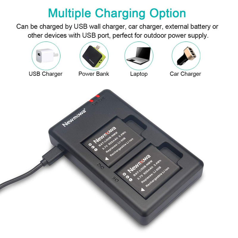 Newmowa Li-50B Battery (2 Pack) and Dual USB Charger Kit for Olympus LI-50B and Olympus SZ-10, SZ-12, SZ-15, SZ-16 iHS, SZ-20, SZ-30MR, SZ-31MR iHS, TG-610, TG-630 iHS, TG-810, TG-820, TG-830 iHS