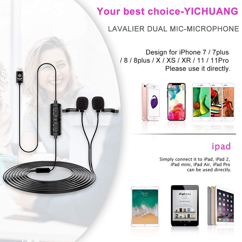 [AUSTRALIA] - Lavalier Microphone,YICHUANG VM-60 Dual Clip-on Handsfree Omnidirectional Condenser Interview Lapel Mic,Lightning Connector for iPhone X Xr Xs Max 11 Pro 8 8plus 7 7plus 6 6plus,iPad (3.5M) Lightning connector 