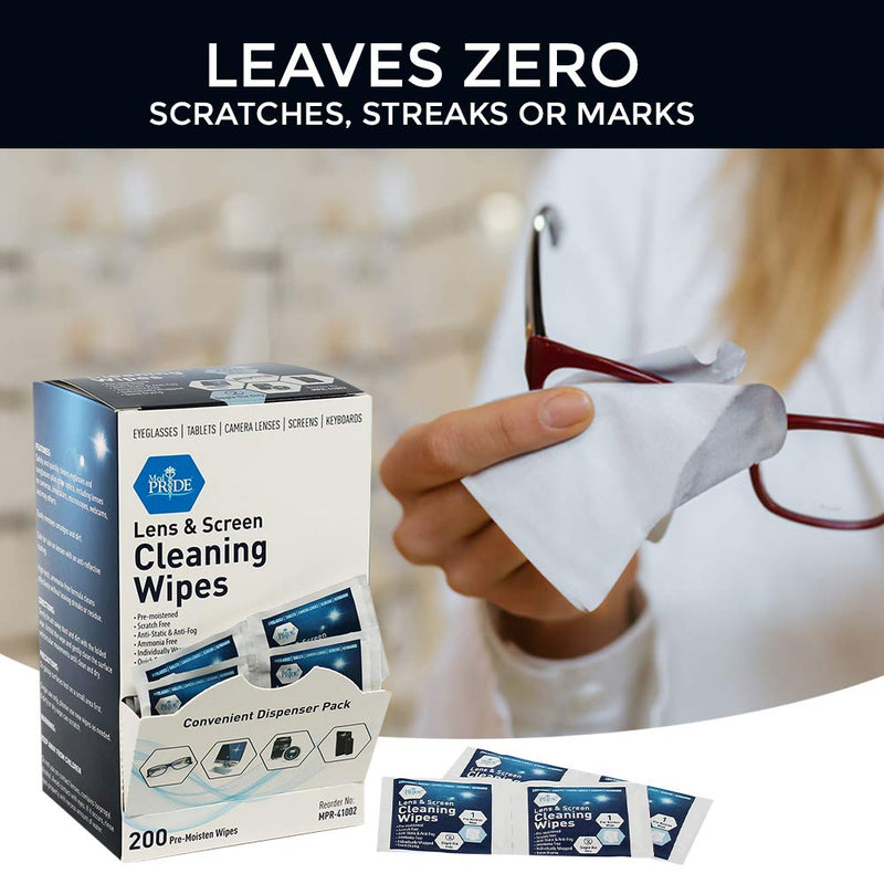 Medpride Premoistened Lens Wipes| Anti-Static, Anti-Fog, Quick-Dry & Scratch-Free| Cleaning Cloths for LED Touch Screen, iPhones, iPads, Computer Monitors, Eyeglasses, Camera Lenses, Laptop (200) 200