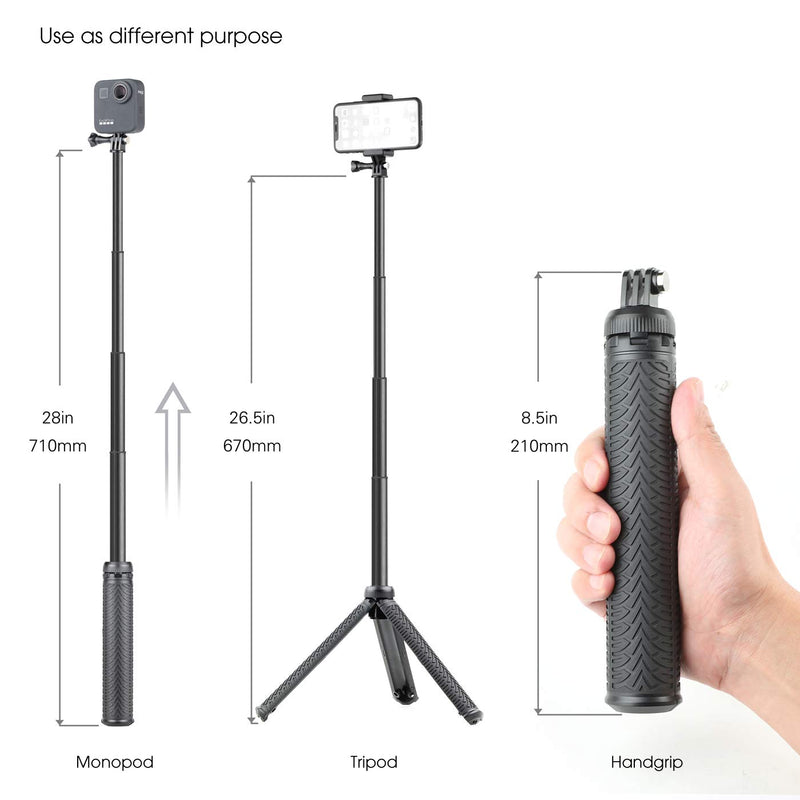 SOONSUN 3-in-1 Aluminum Telescoping Selfie Stick Waterproof Monopod Pole Handheld Grip with Tripod Stand for GoPro Hero 9, 8, 7, 6, 5, 4, 3, 2, Fusion, Session, AKASO, SJCAM, DJI OSMO Action Cameras