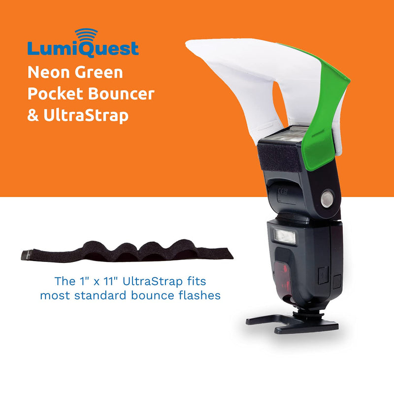LumiQuest Flash Pocket Bouncer,  Flash Diffuser with UltraStrap, Universal Classic Design for External Camera Flashes, Photography Lighting, Light for Pictures, Studio Lights, Neon Green