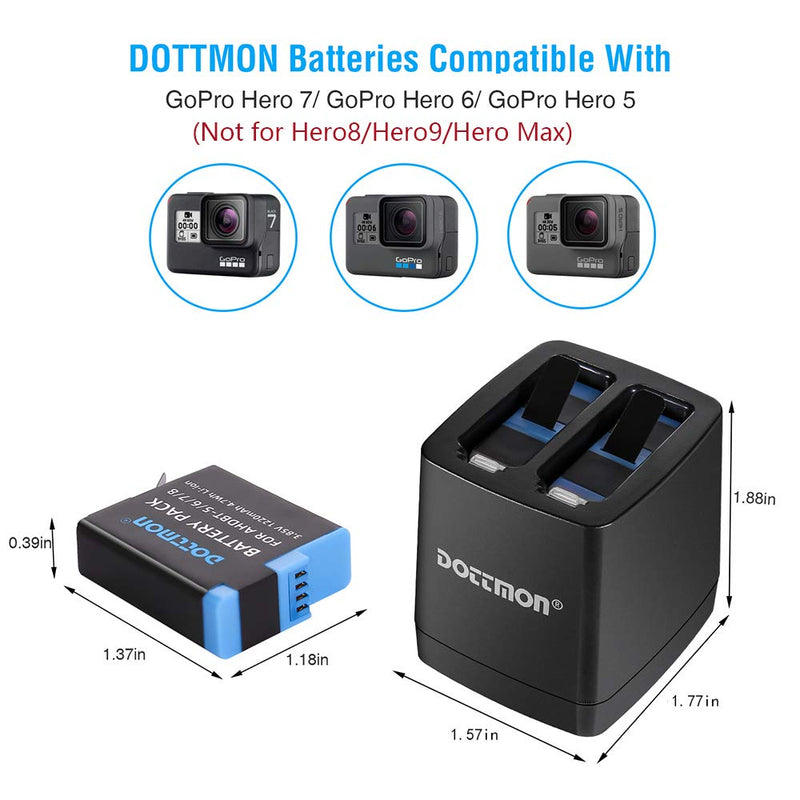 DOTTMON 2-Pack Gopro Battery for Hero 5/6/7 & Dual Battery Charger for Gopro Hero 5 Black, Hero 6 Black, Hero 7 Black(Not for Hero 8/9)